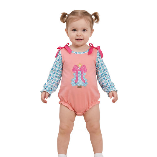 LR3164 Christmas Embroidery Trees Pink Bows Baby Bubble Romper
