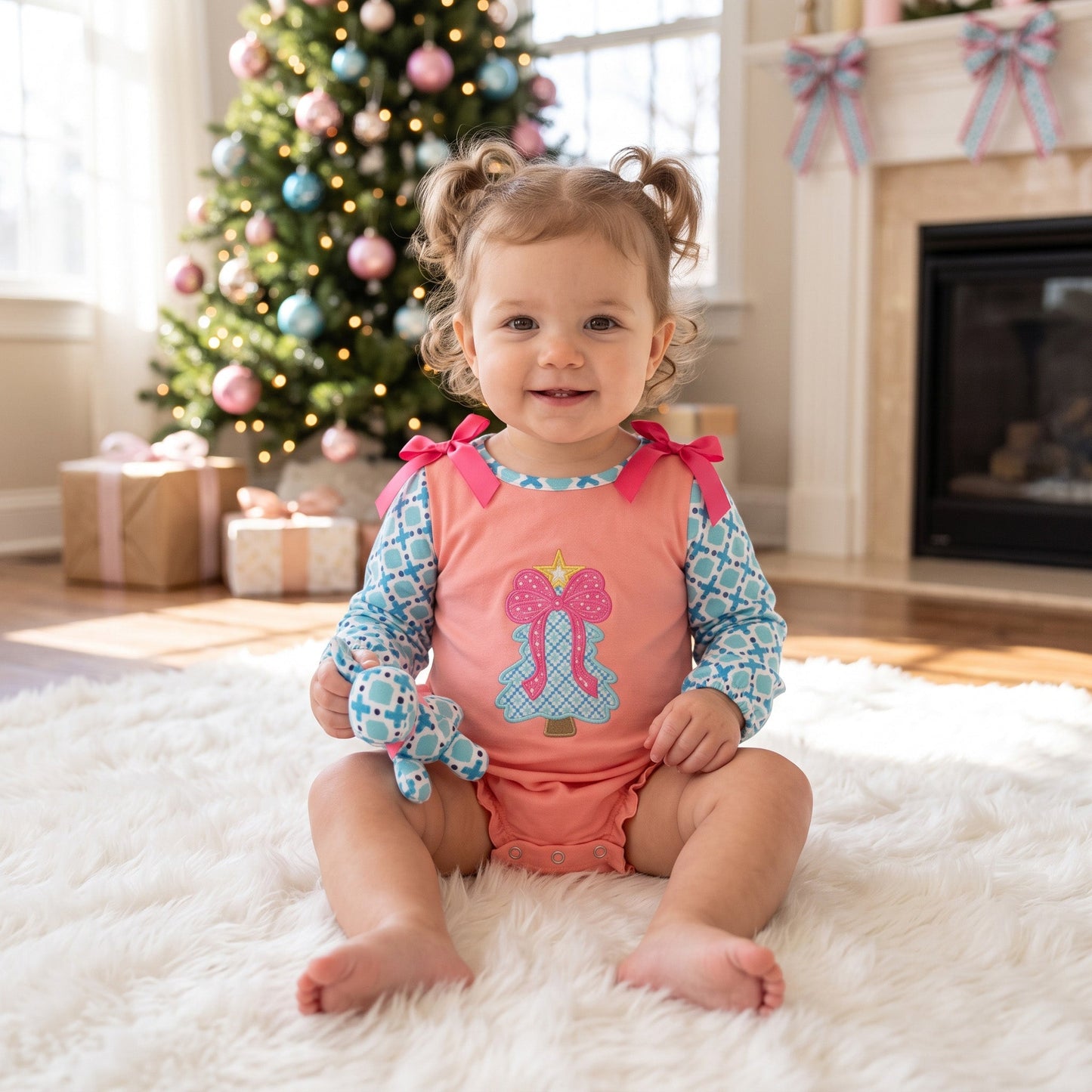 LR3164 Christmas Embroidery Trees Pink Bows Baby Bubble Romper