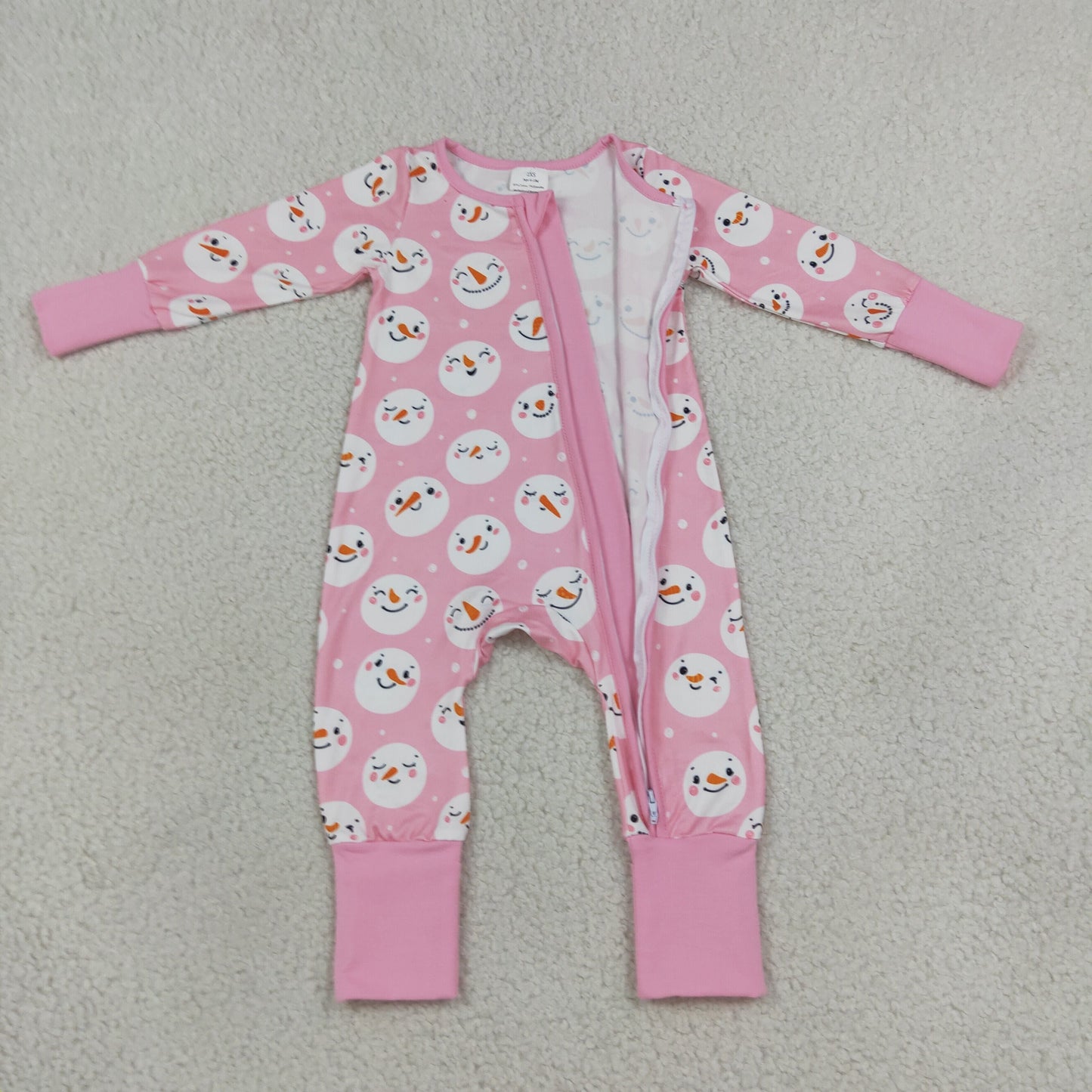 LR3165 Christmas Snowman Pink Baby Footie Sleepers Romper