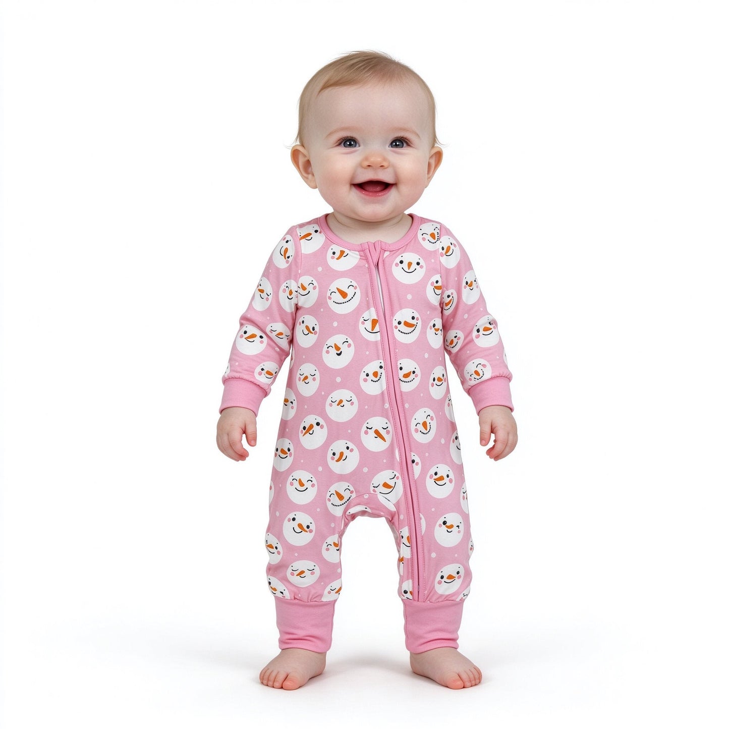 LR3165 Christmas Snowman Pink Baby Footie Sleepers Romper