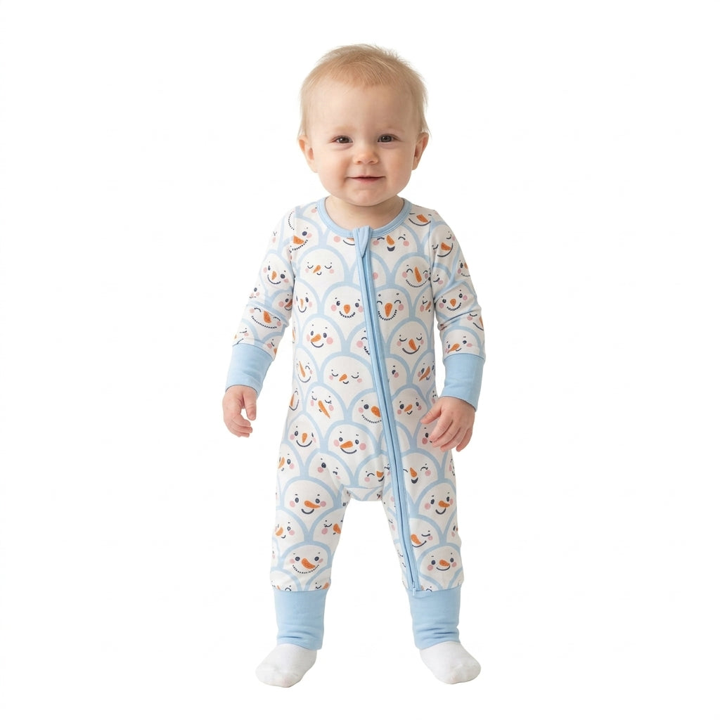 LR3166 Christmas Snowman Blue Color Baby Footie Sleepers Romper