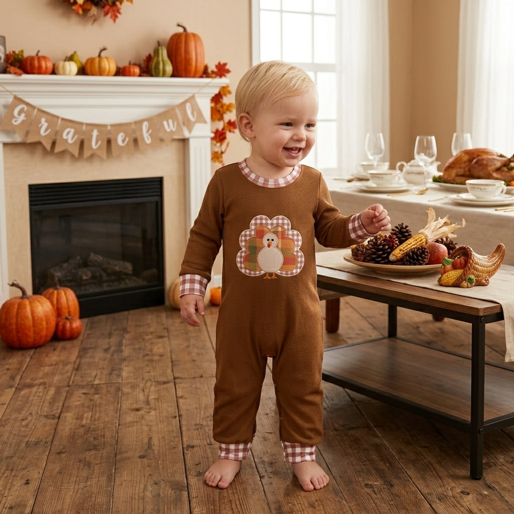 LR3170 Embroidery Thanksgiving Day Turkey Baby Boys Romper