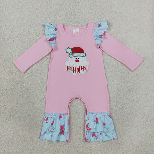LR3215 Embroidery Christmas Santa HOHOHO Flower Baby Girls Romper