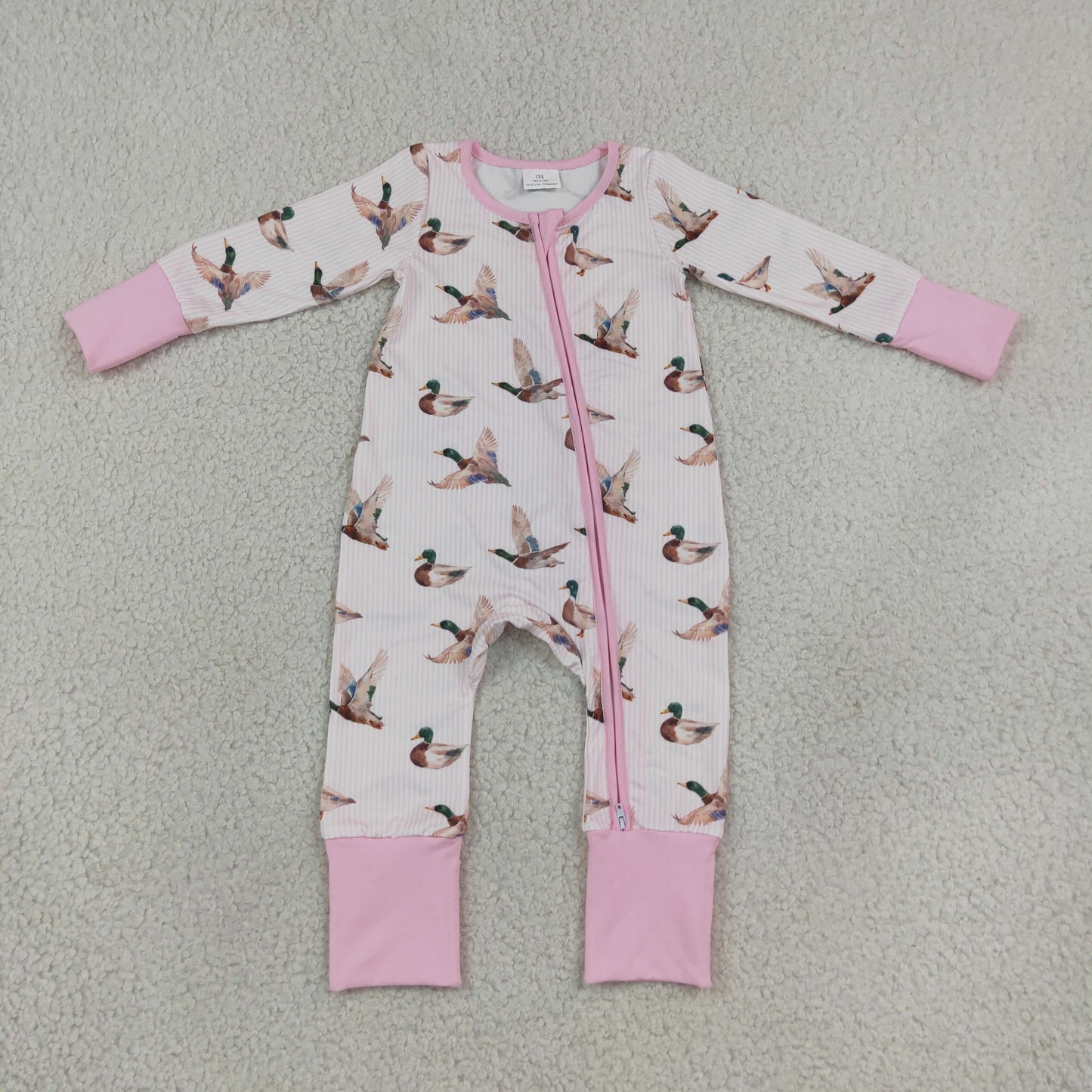 LR3218 Mallard Ducks Stripe Pink Baby Footie Sleepers Romper