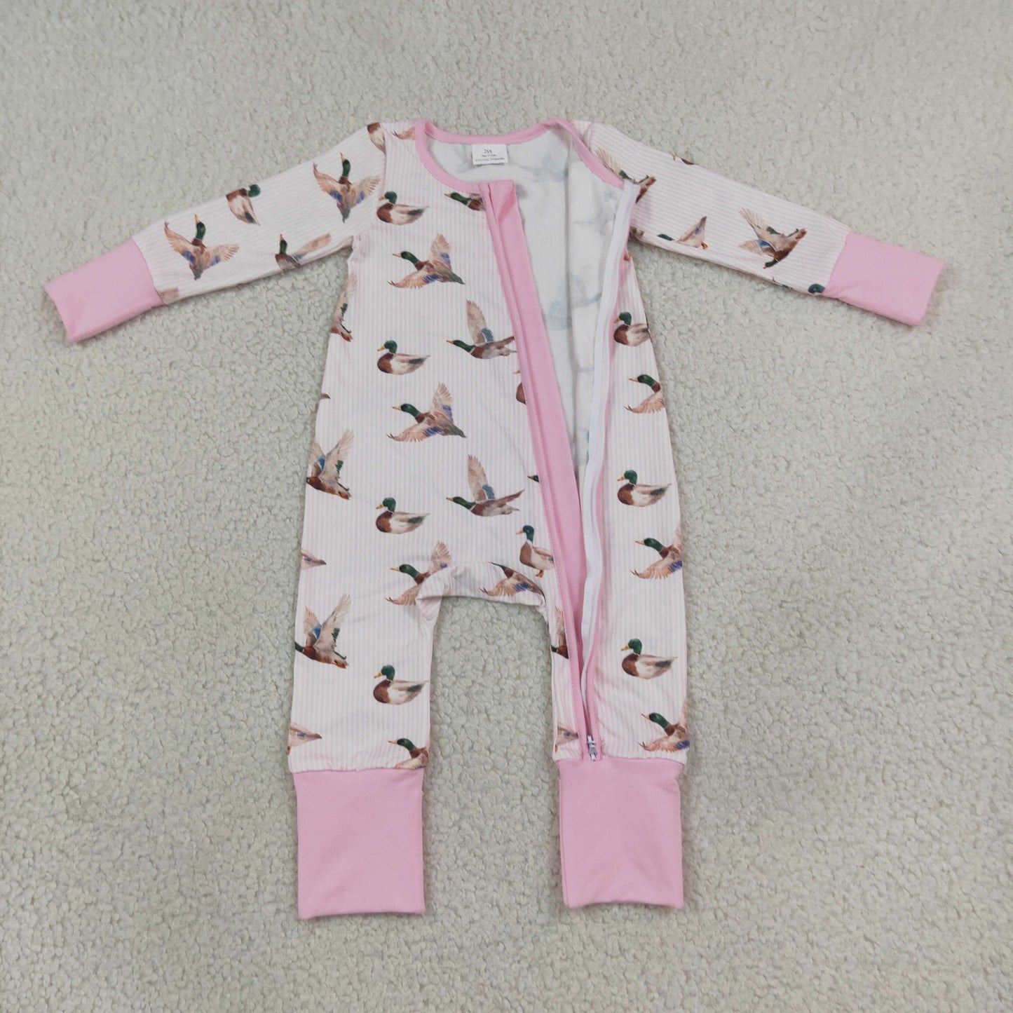 LR3218 Mallard Ducks Stripe Pink Baby Footie Sleepers Romper
