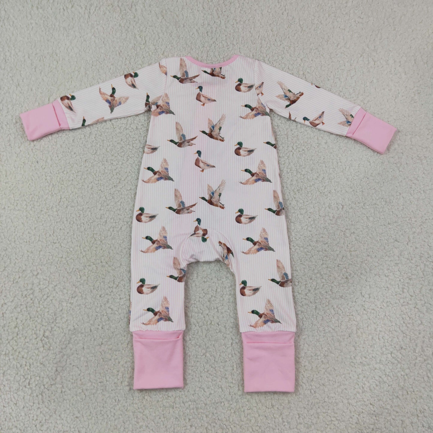 LR3218 Mallard Ducks Stripe Pink Baby Footie Sleepers Romper