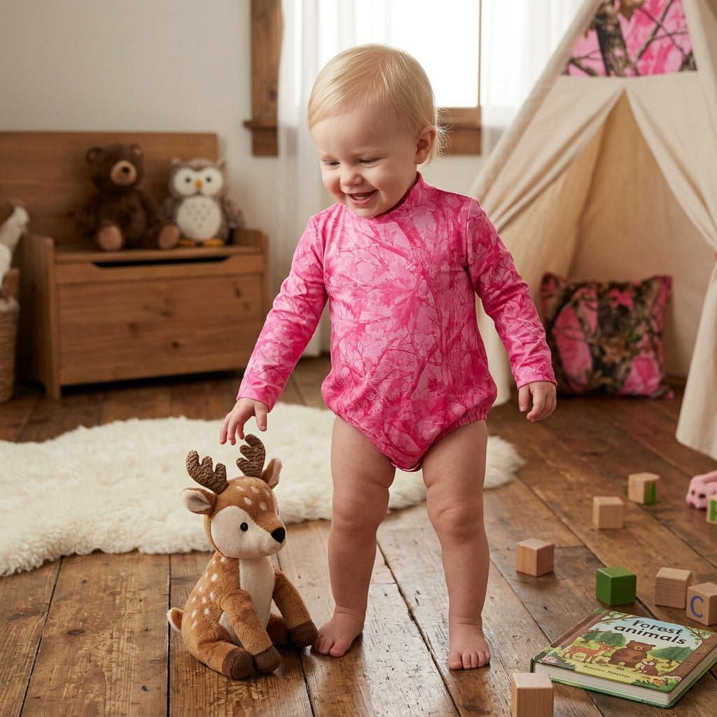 LR3224 Hunting Leaves Rose Red Middle Neckline Baby Girls Bubble Romper