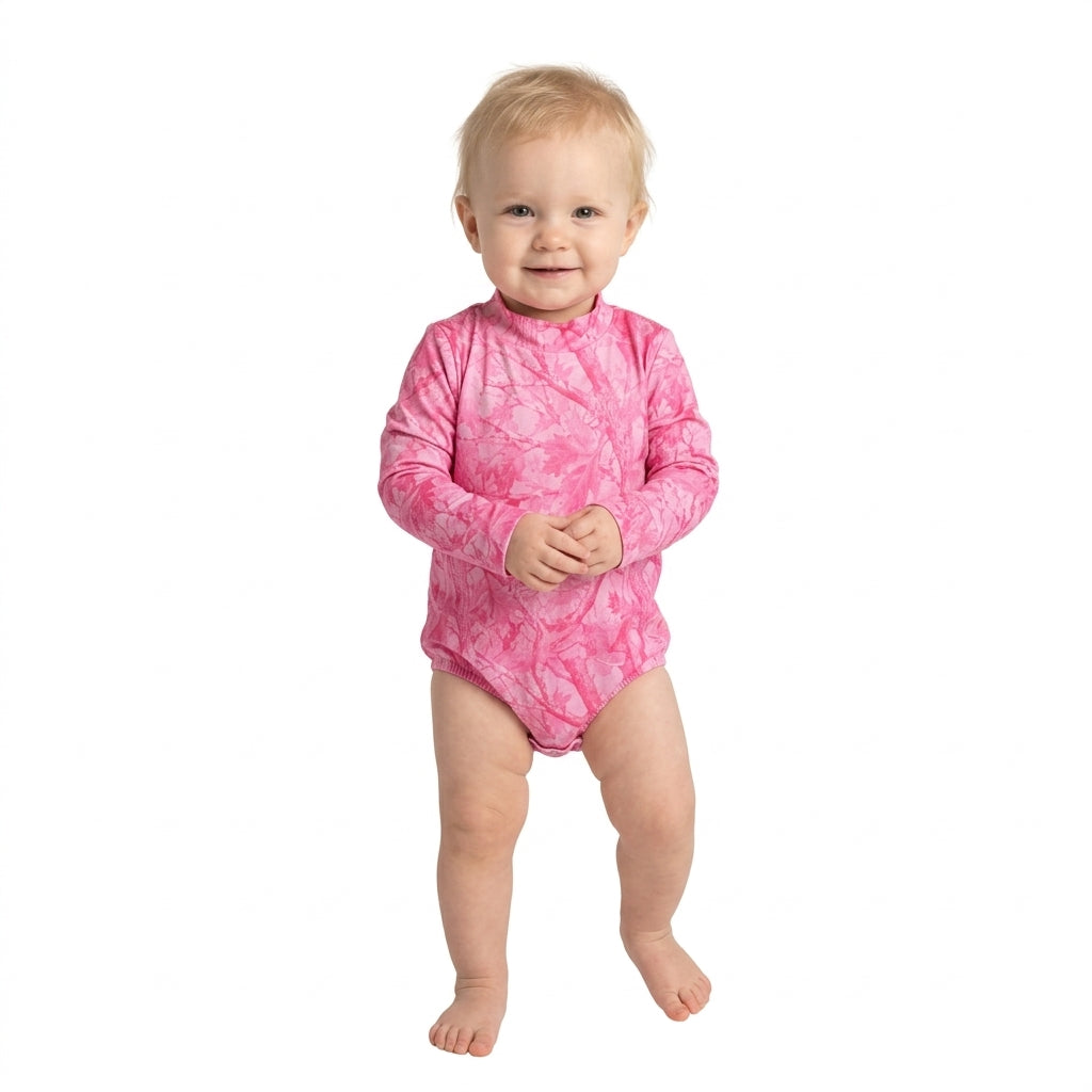 LR3224 Hunting Leaves Rose Red Middle Neckline Baby Girls Bubble Romper
