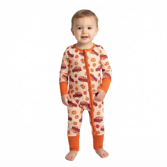 LR3234 Pumpkin Trucks Baby Footie Sleepers Romper