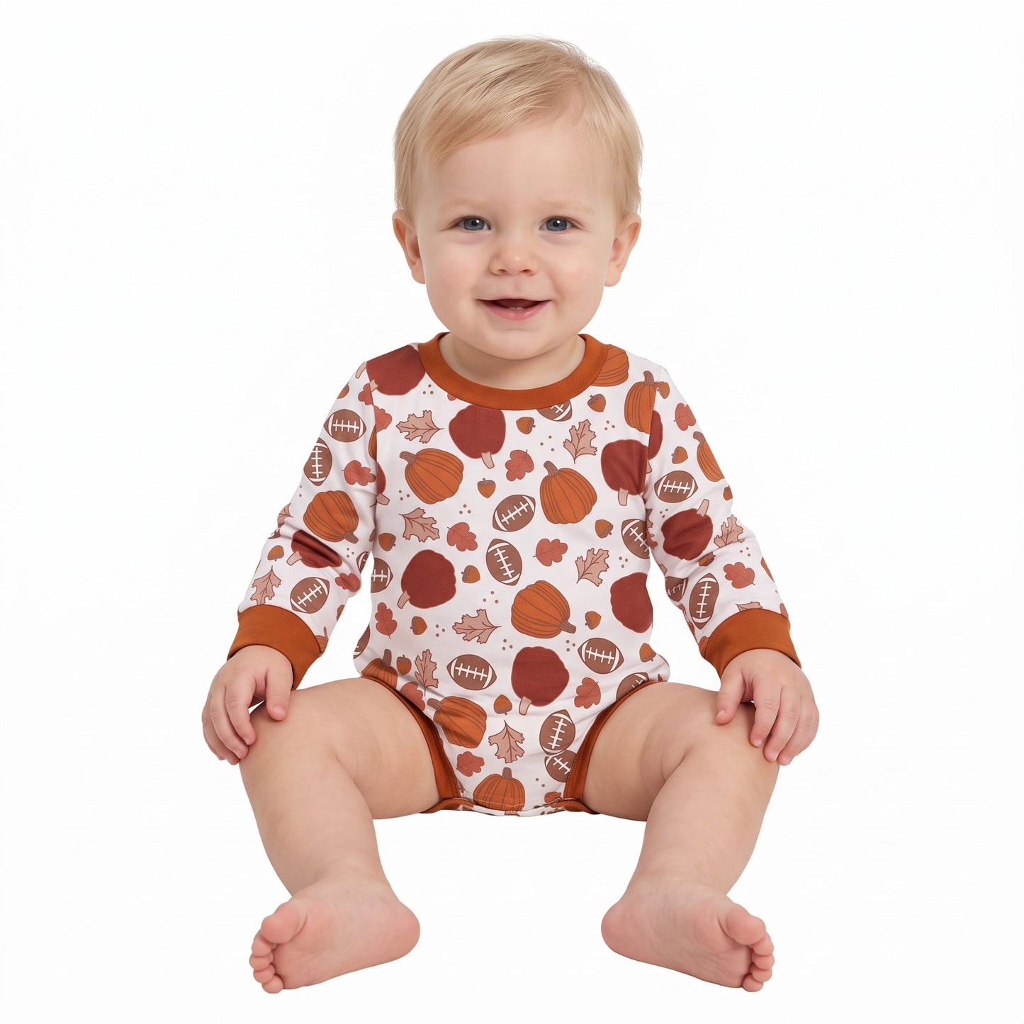LR3235 Pumpkin Leaves Football Baby Boys Romper