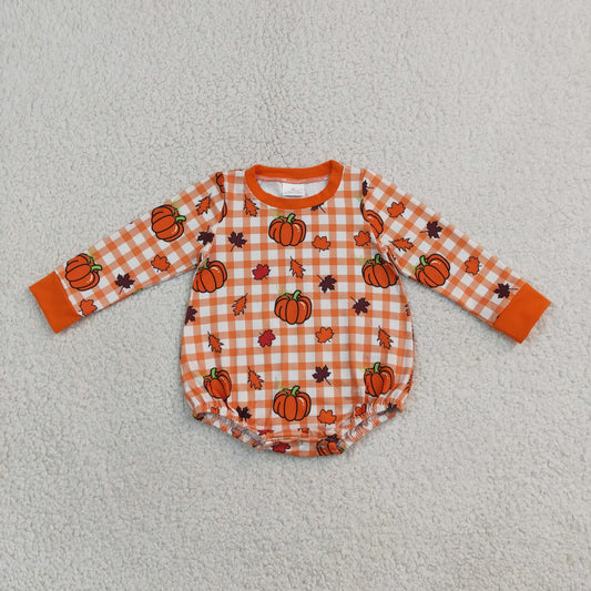 LR3236 Pumpkin Leaves Plaid Baby Boys Romper