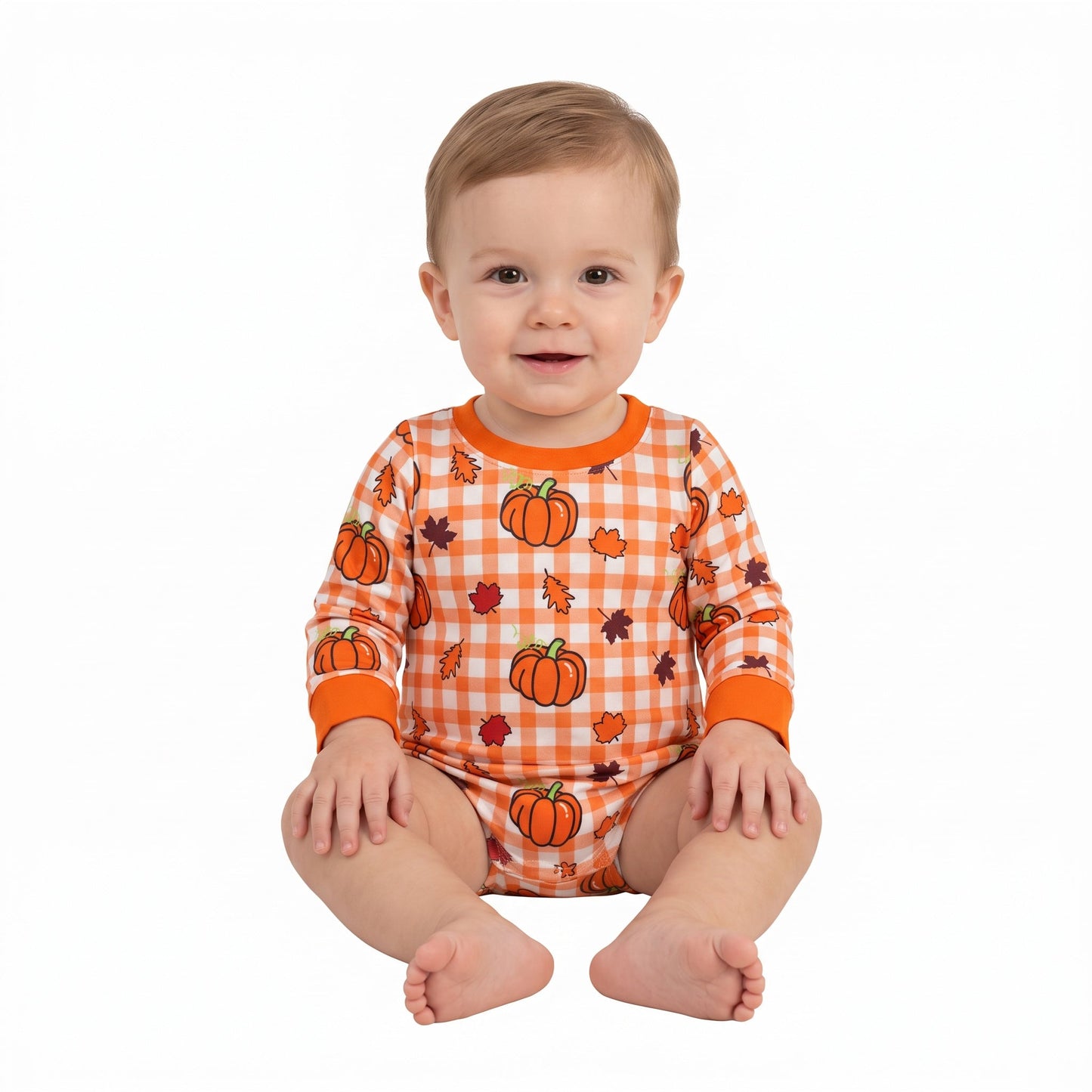 LR3236 Pumpkin Leaves Plaid Baby Boys Romper