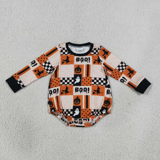 LR3239 Halloween Pumpkin BOO Plaid Baby Boys Romper