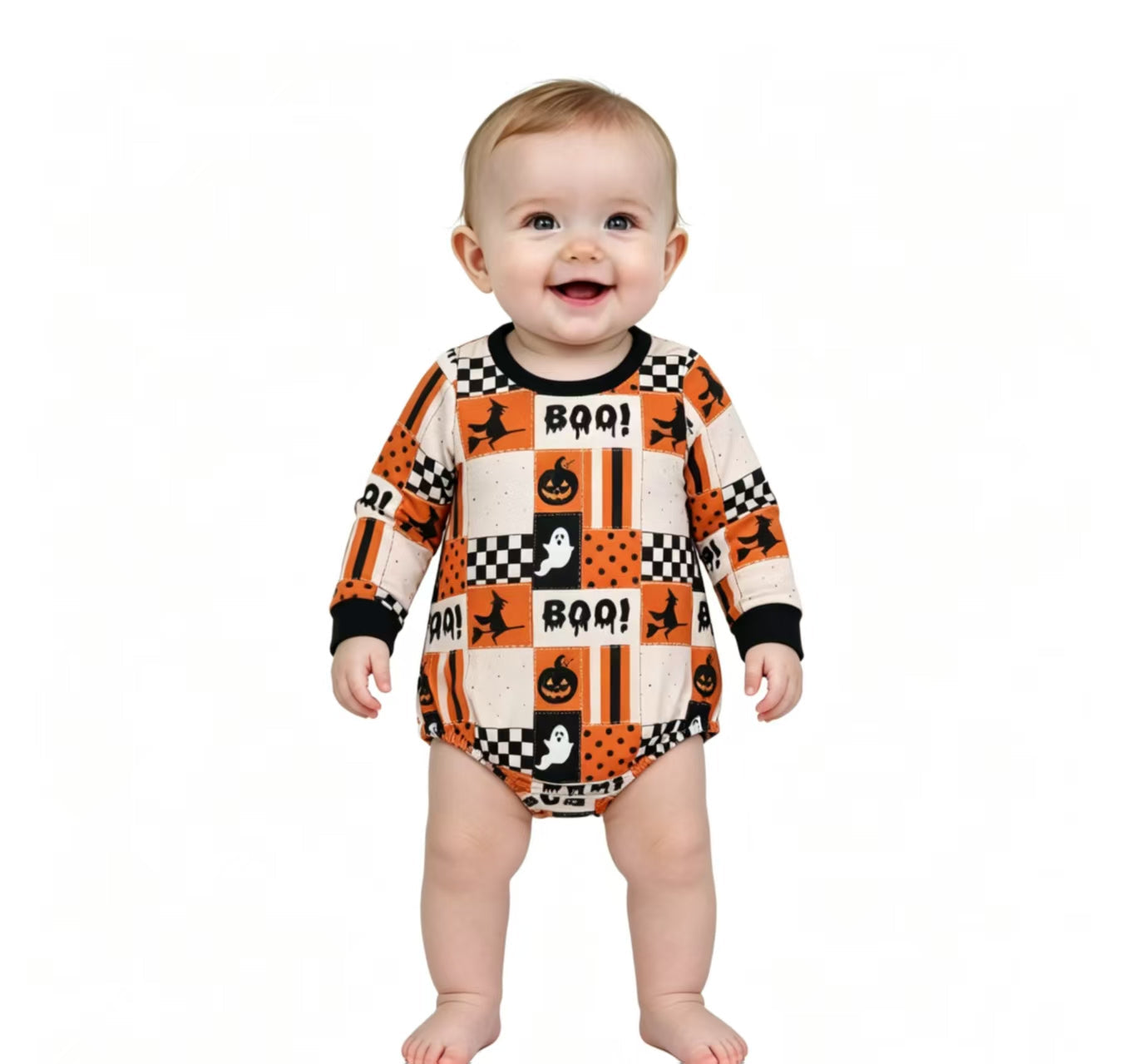 LR3239 Halloween Pumpkin BOO Plaid Baby Boys Romper