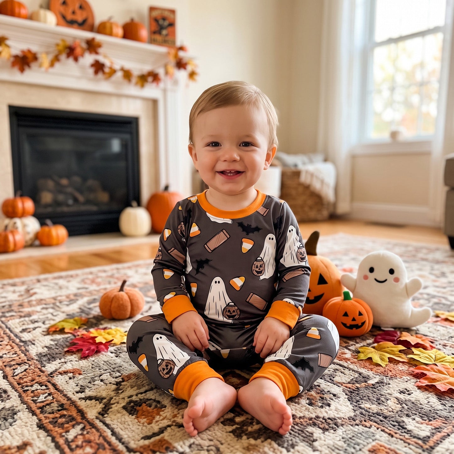 LR3241 Halloween Pumpkin Bats Candy Baby Boy Romper