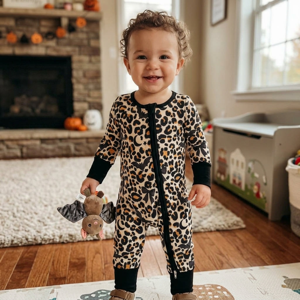 LR3242 Halloween Bat Leopard Baby Footie Sleepers Romper