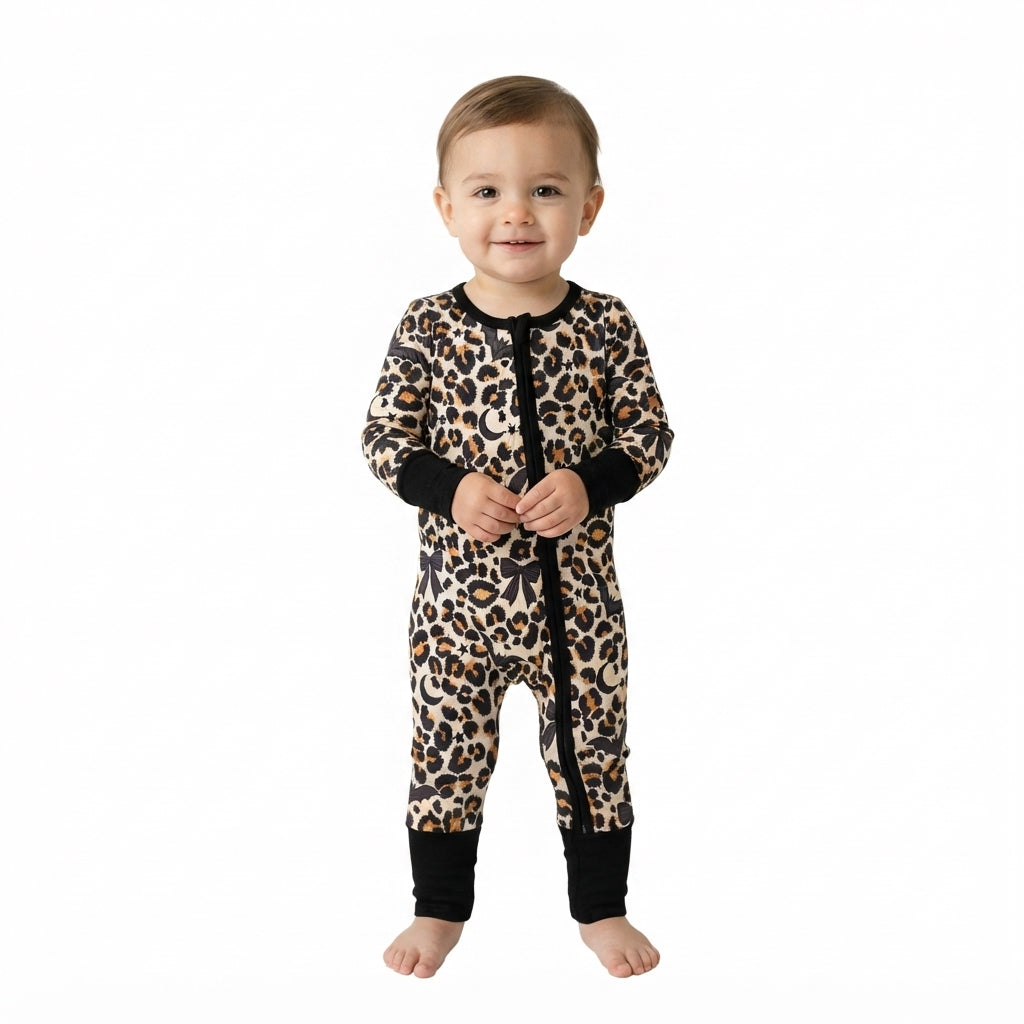 LR3242 Halloween Bat Leopard Baby Footie Sleepers Romper