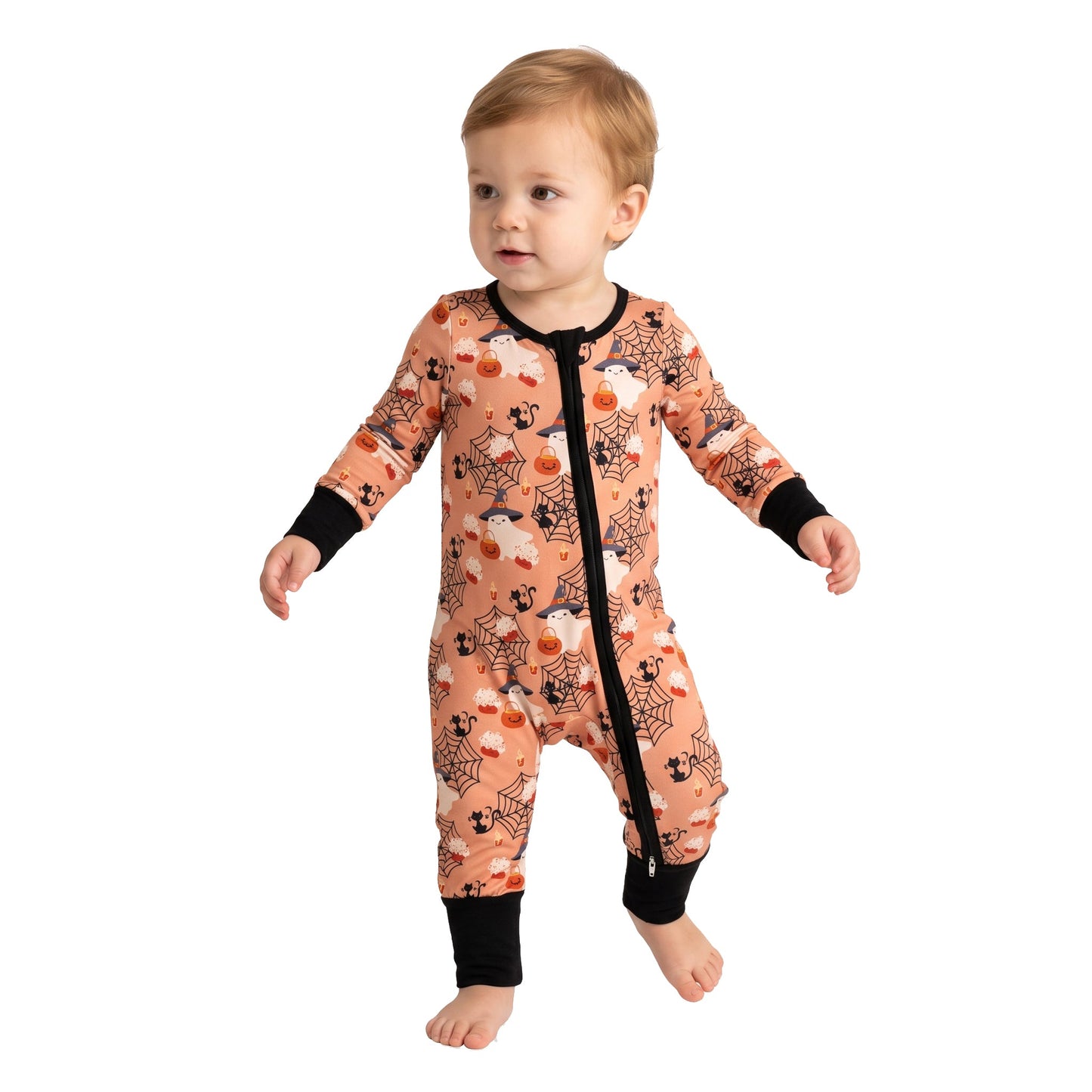 LR3250 Halloween Pumpkin Ghost Baby Footie Sleepers Romper