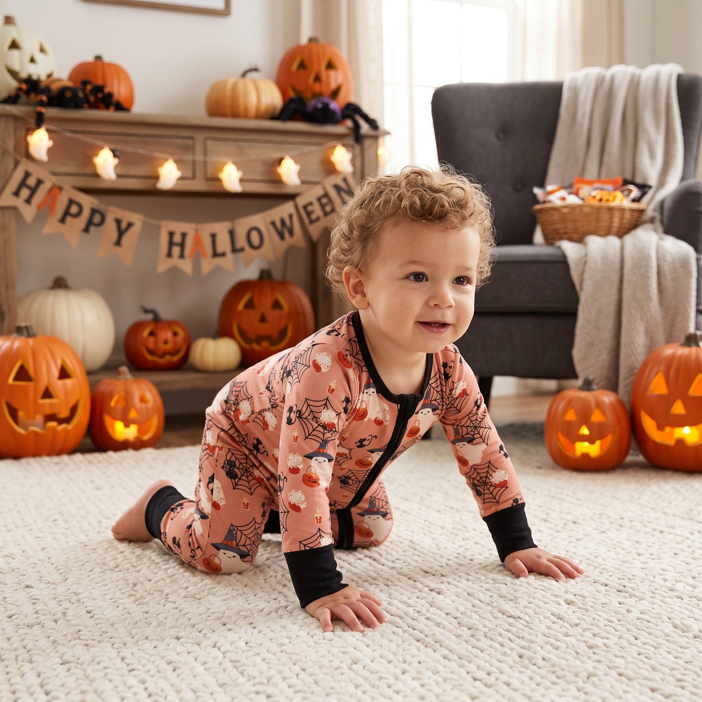 LR3250 Halloween Pumpkin Ghost Baby Footie Sleepers Romper