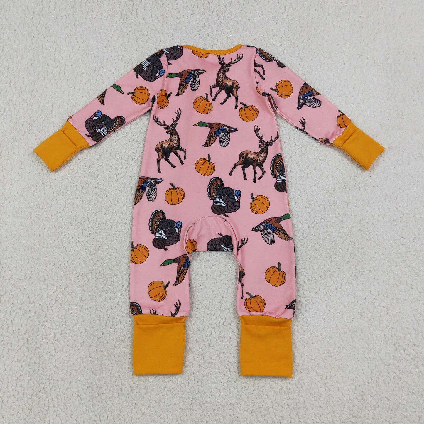 LR3252 Fall Pumpkin Hunting Print Baby Footie Sleepers Romper