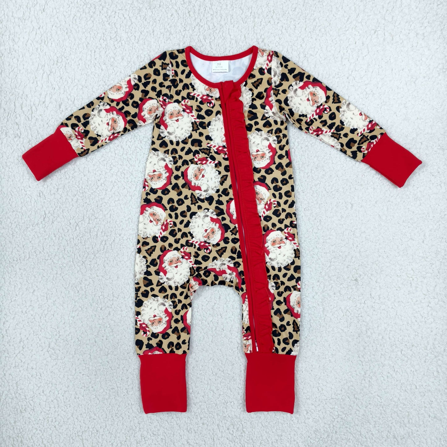 LR3302 Christmas Santa Leopard Red Ruffles Baby Footie Sleepers Romper