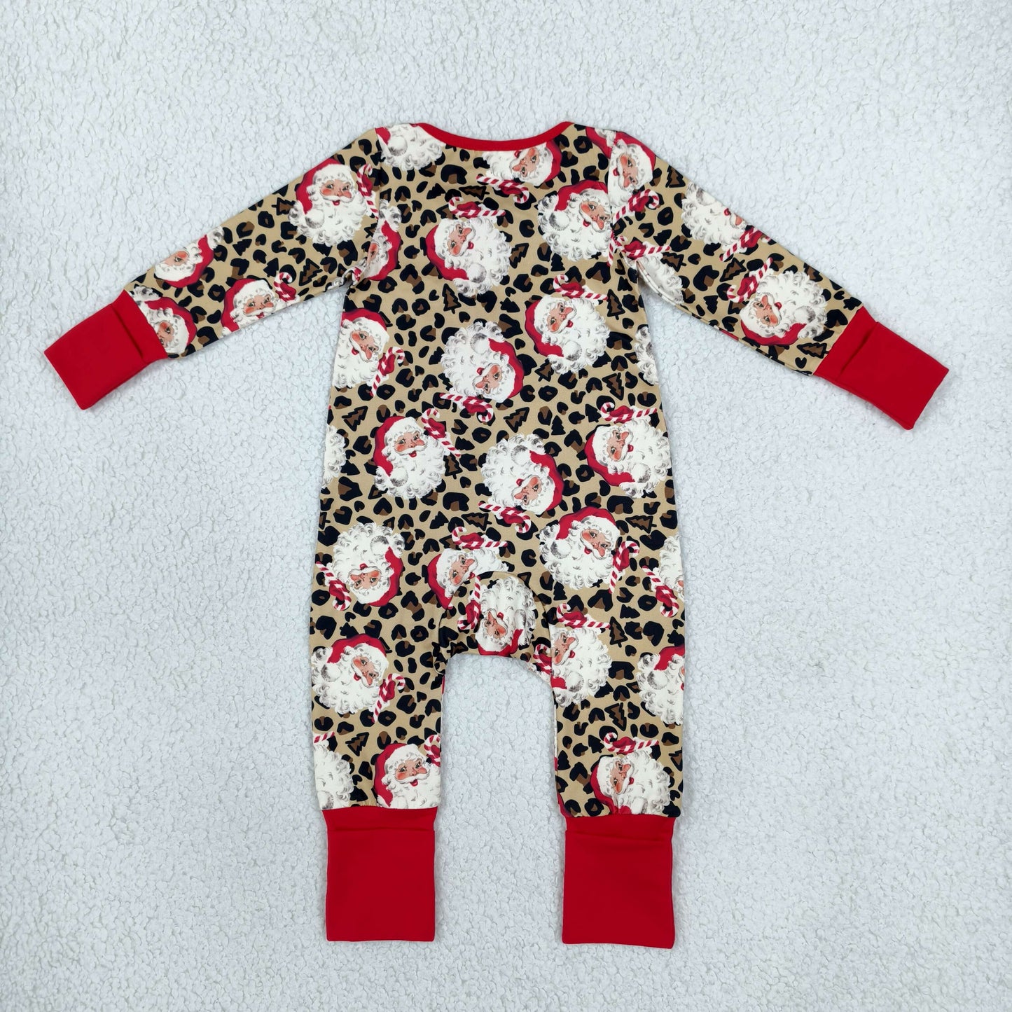 LR3302 Christmas Santa Leopard Red Ruffles Baby Footie Sleepers Romper