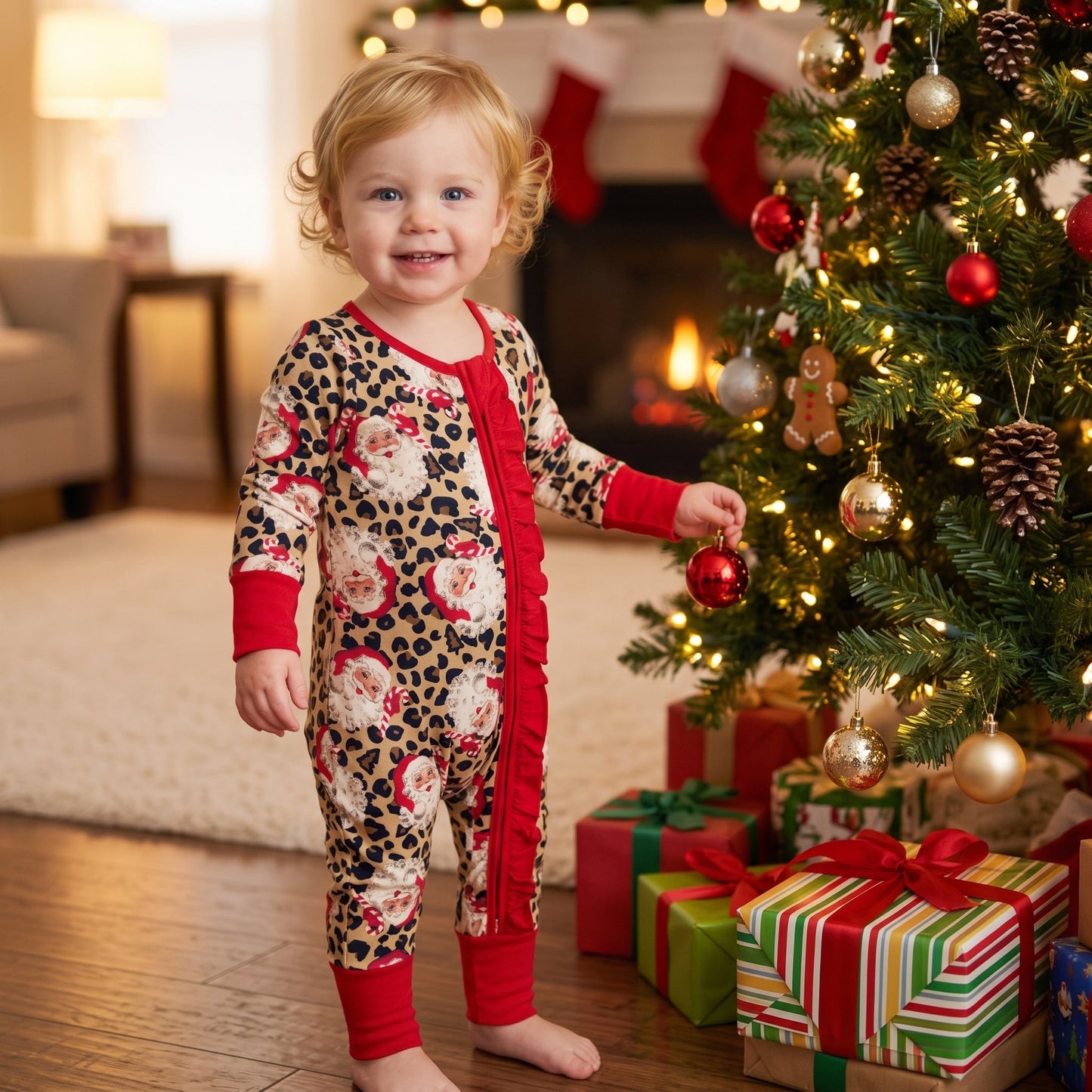 LR3302 Christmas Santa Leopard Red Ruffles Baby Footie Sleepers Romper