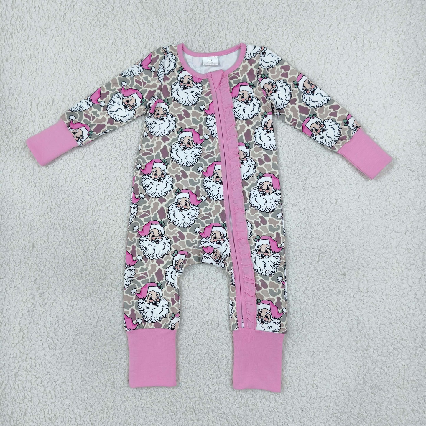LR3305 Christmas Santa Camo Pink Ruffle Baby Footie Sleepers Romper
