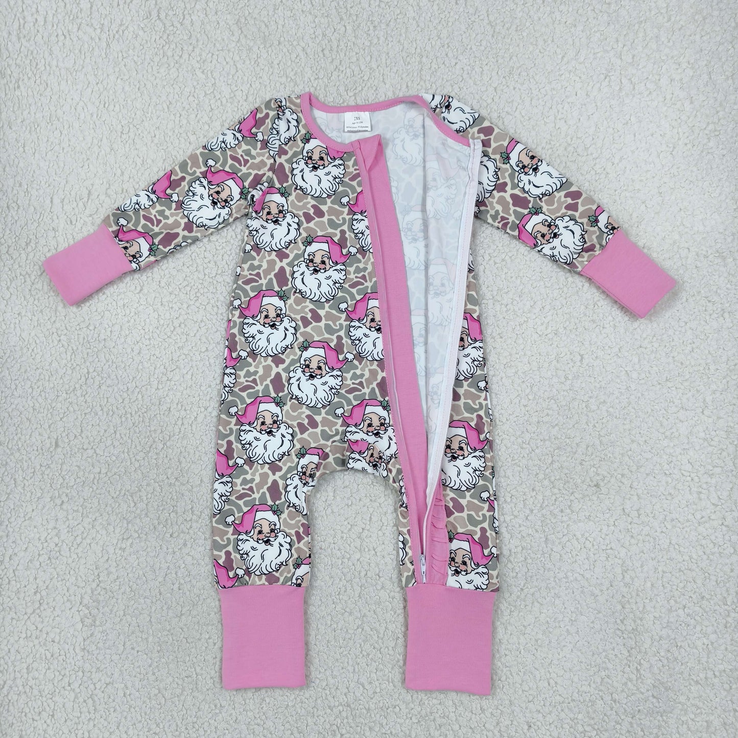 LR3305 Christmas Santa Camo Pink Ruffle Baby Footie Sleepers Romper