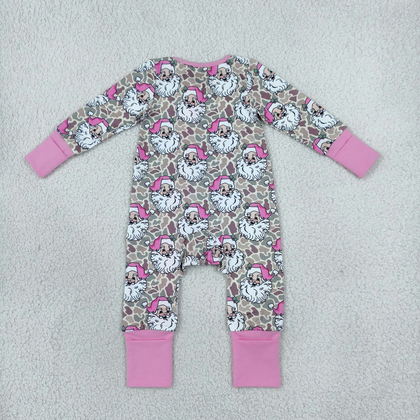 LR3305 Christmas Santa Camo Pink Ruffle Baby Footie Sleepers Romper