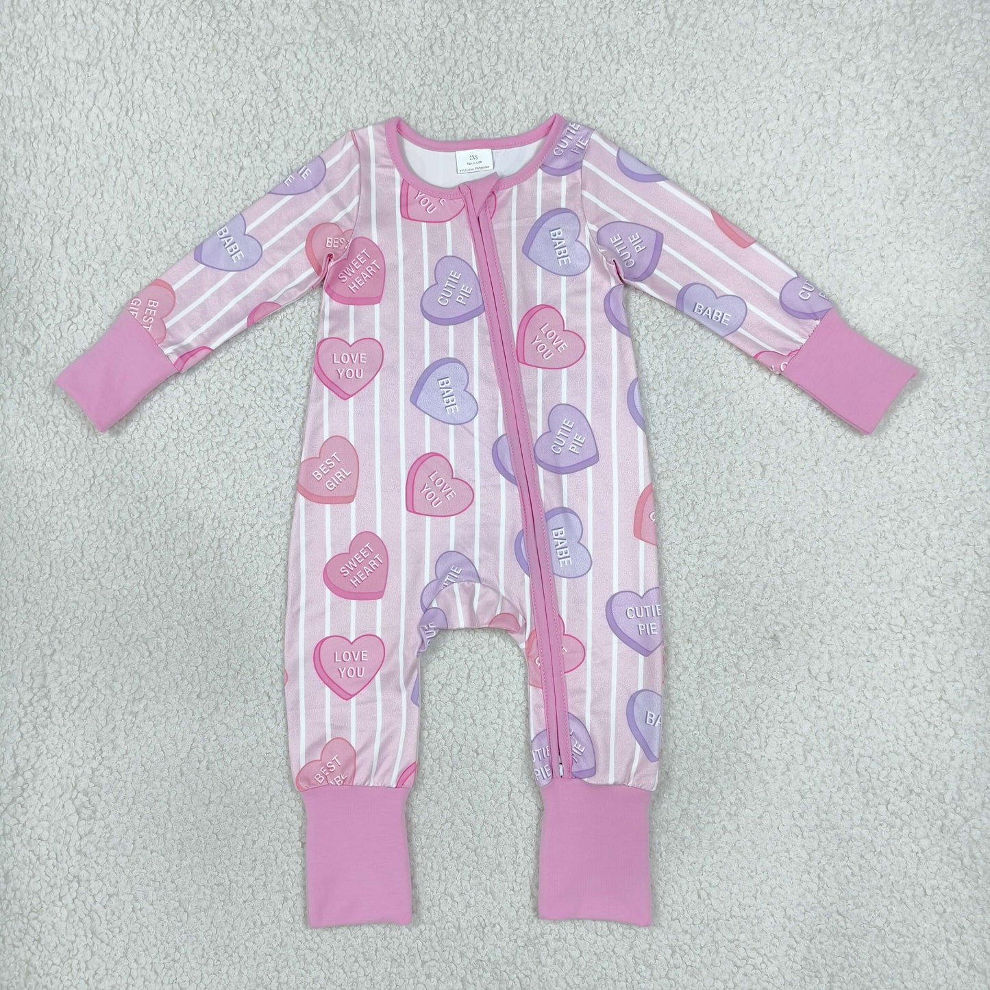 LR3325 Valentine's Love Stripe Pink Baby Footie Sleepers Romper