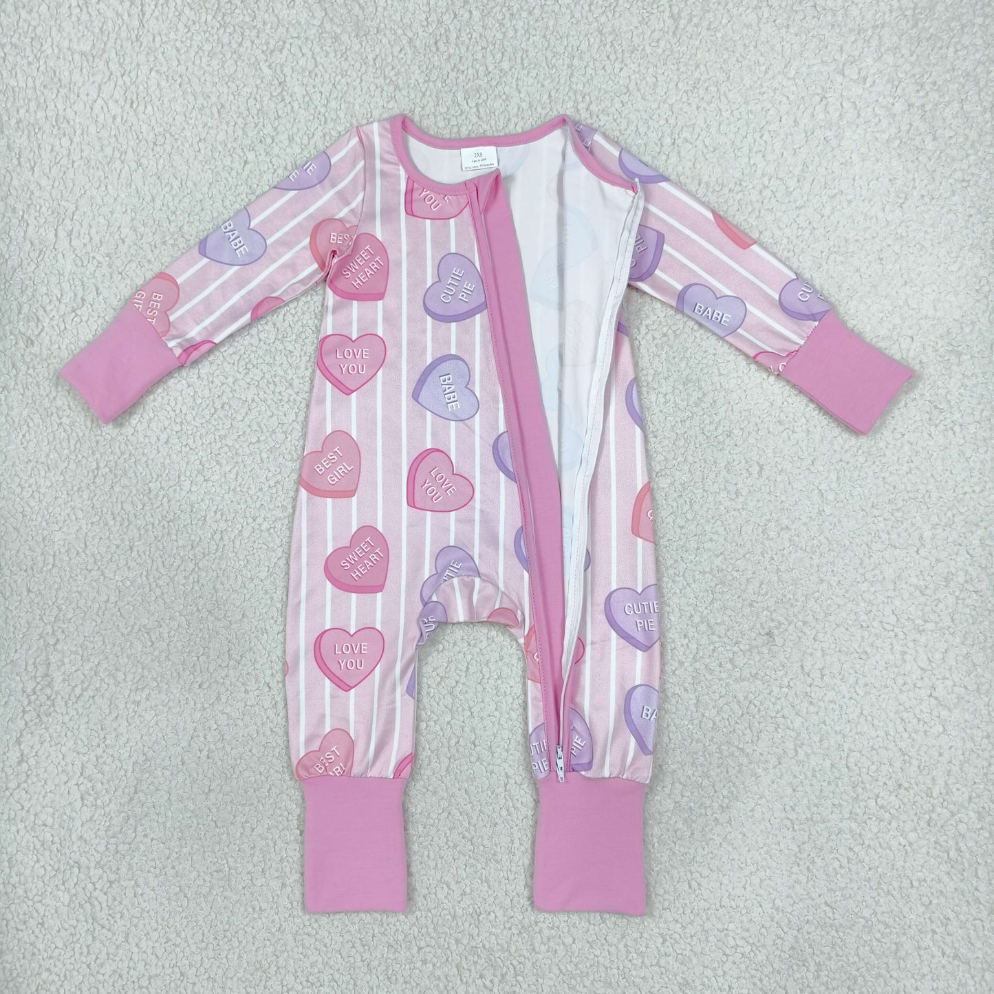 LR3325 Valentine's Love Stripe Pink Baby Footie Sleepers Romper