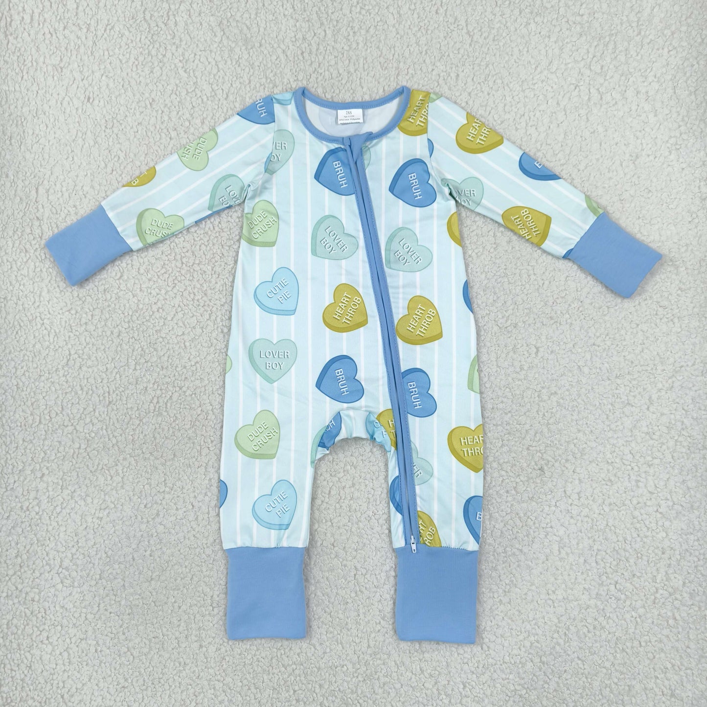 LR3326 Valentine's Love Stripe Blue Baby Footie Sleepers Romper