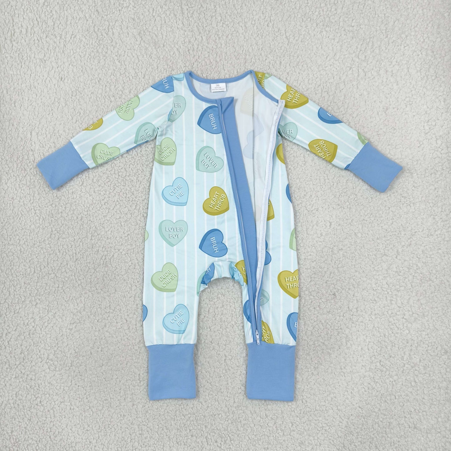 LR3326 Valentine's Love Stripe Blue Baby Footie Sleepers Romper
