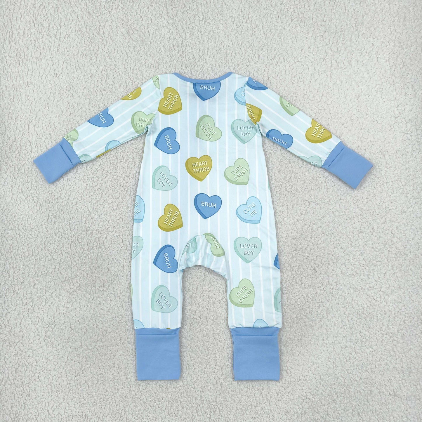 LR3326 Valentine's Love Stripe Blue Baby Footie Sleepers Romper
