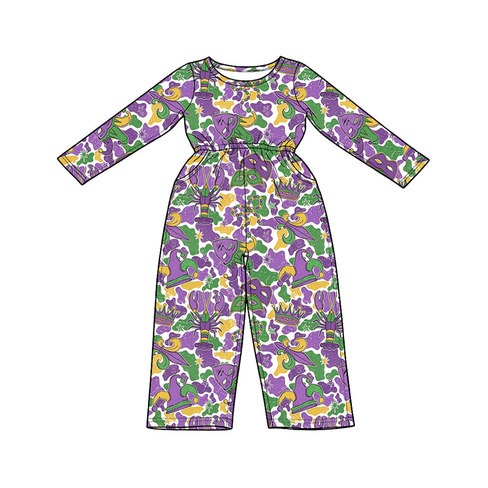 Preorder MOQ 5 pcs Each Style Mardi Gras Mask Camo Girl's Jumpsuit & Scallop Edge Set Kids Matching Clothes