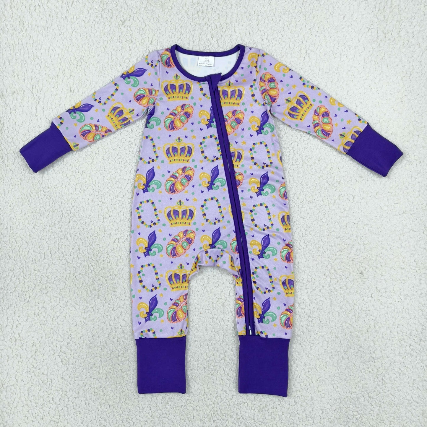 LR3341 Mardi Gras Mask Purple Baby Footie Sleepers Romper