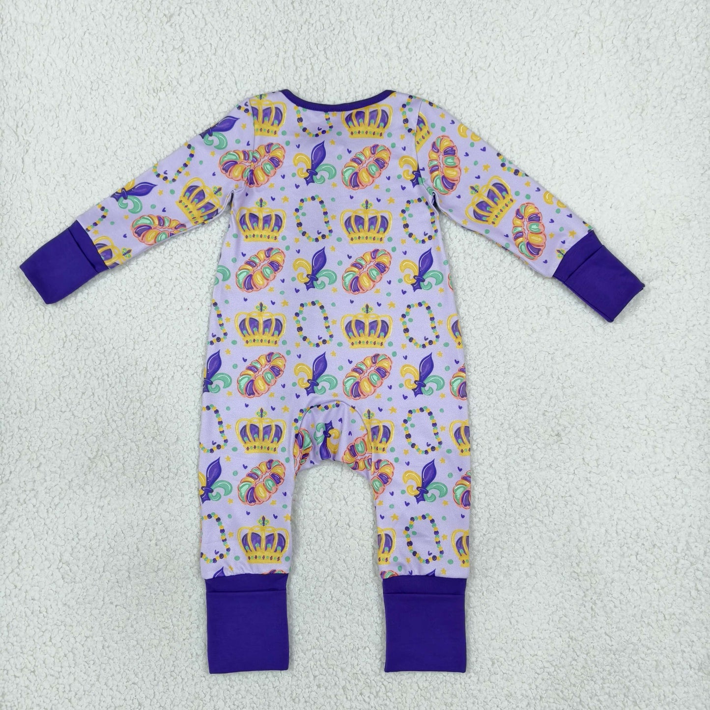 LR3341 Mardi Gras Mask Purple Baby Footie Sleepers Romper