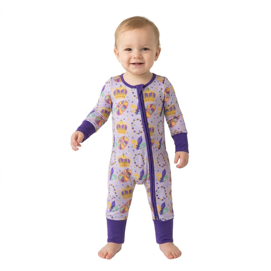 LR3341 Mardi Gras Mask Purple Baby Footie Sleepers Romper
