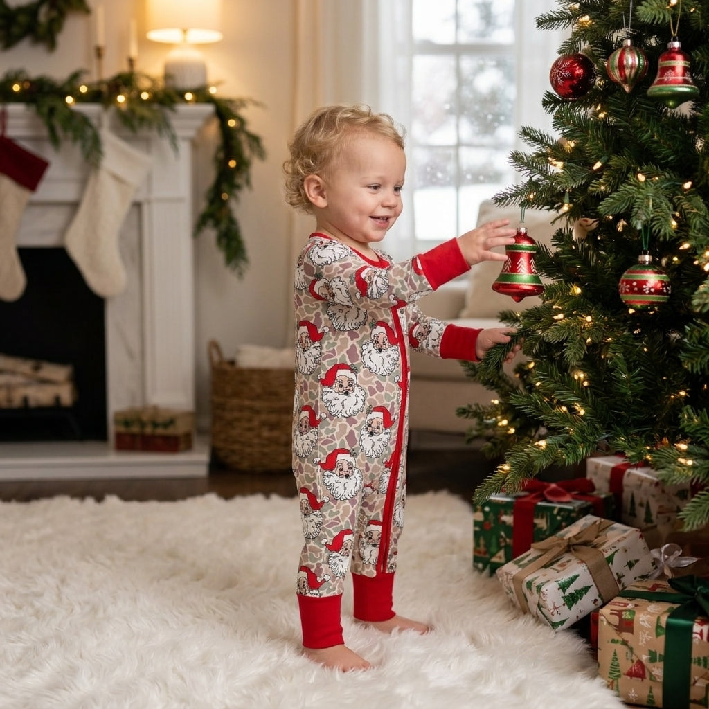 LR3345 Christmas Santa Camo Baby Footie Sleepers Romper