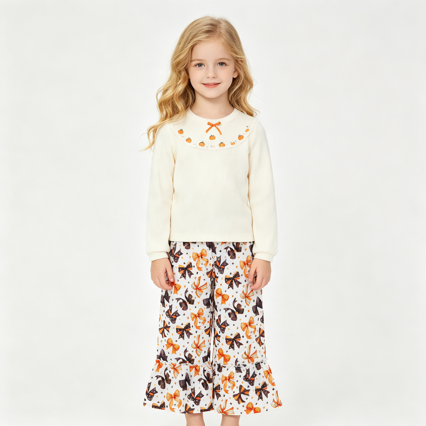P1068 Halloween Bows Ruffles Girls Wide Leg Pants