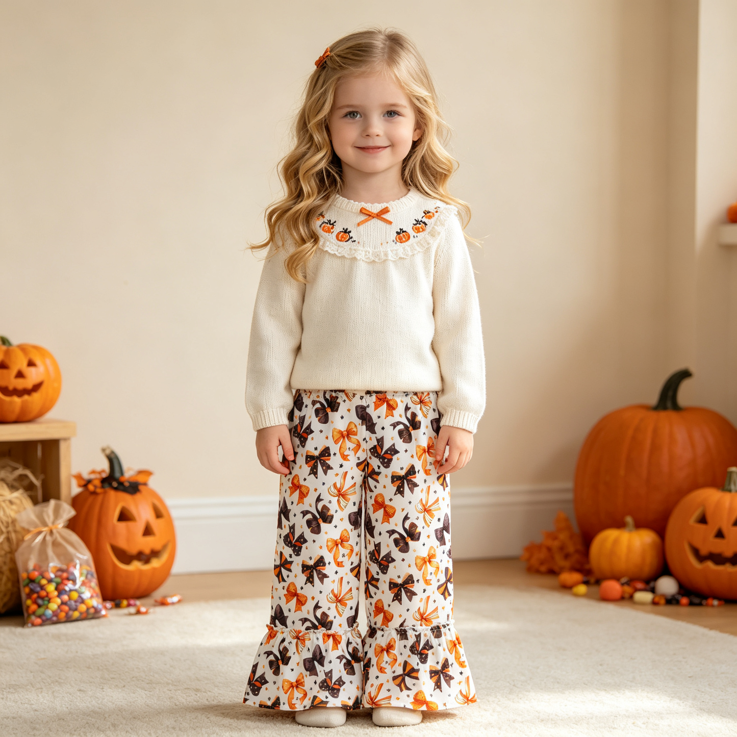 P1068 Halloween Bows Ruffles Girls Wide Leg Pants