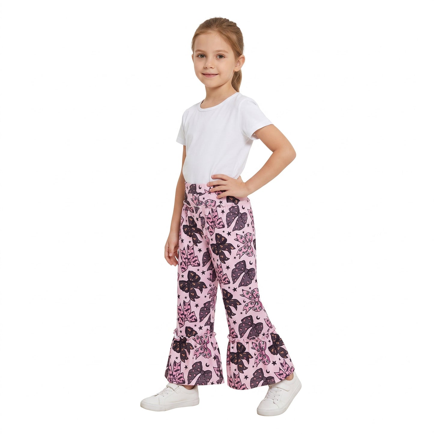 P1069 Halloween Bows Ruffles Purple Girls Wide Leg Pants