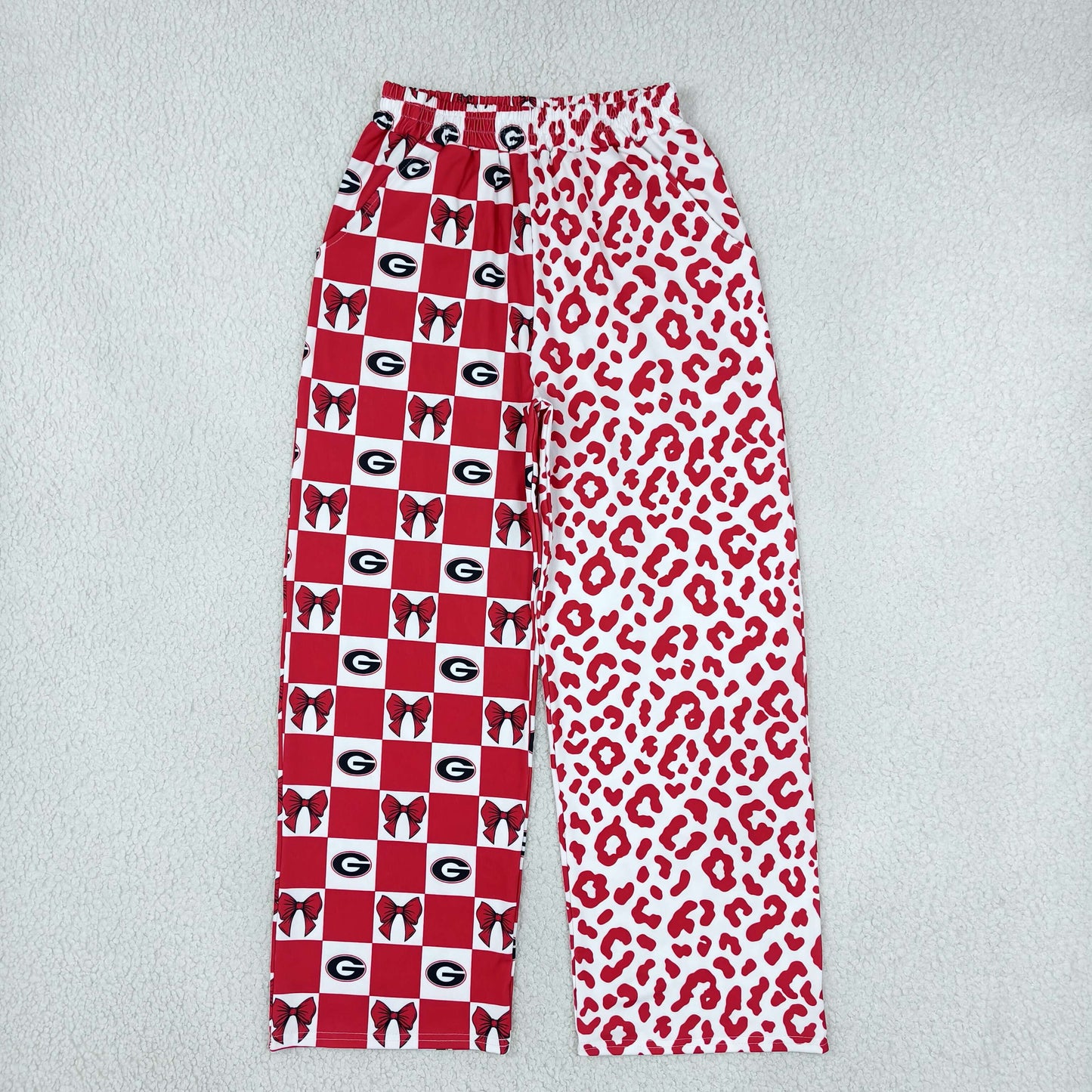 P1118 Team Mascot Bows Plaid Leopard Red Adult Women Wide Leg Pants