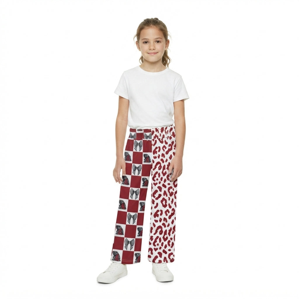 P1123 Team Mascot Bows Plaid Leopard Red Girls Wide Leg Pants