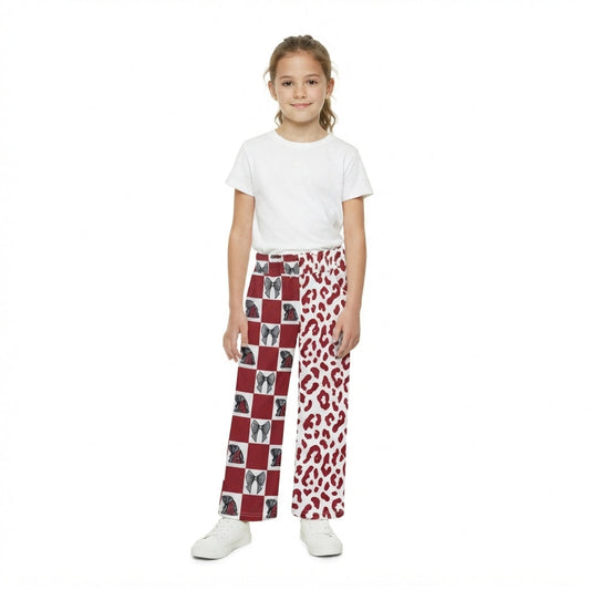 P1123 Team Mascot Bows Plaid Leopard Red Girls Wide Leg Pants