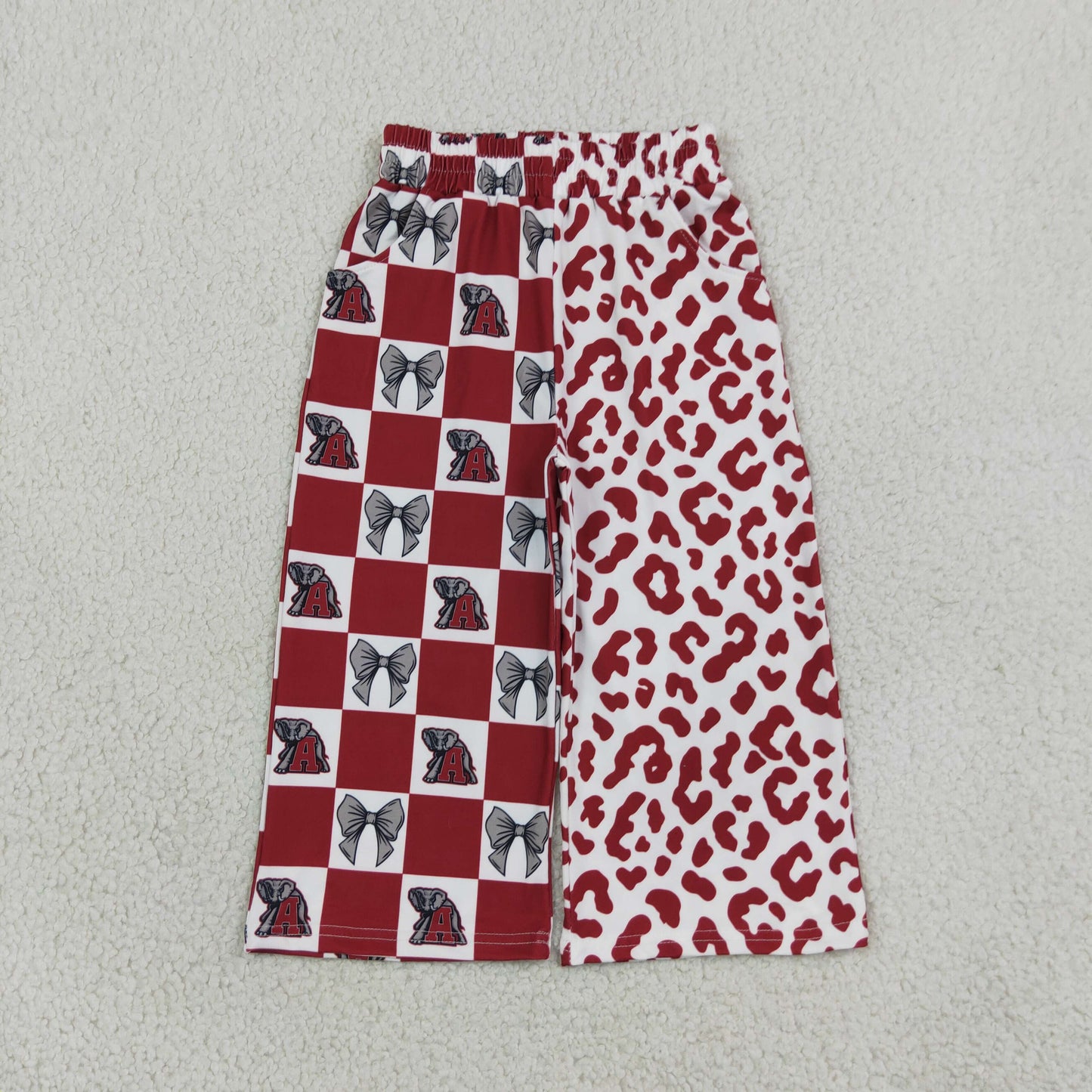 P1123 Team Mascot Bows Plaid Leopard Red Girls Wide Leg Pants