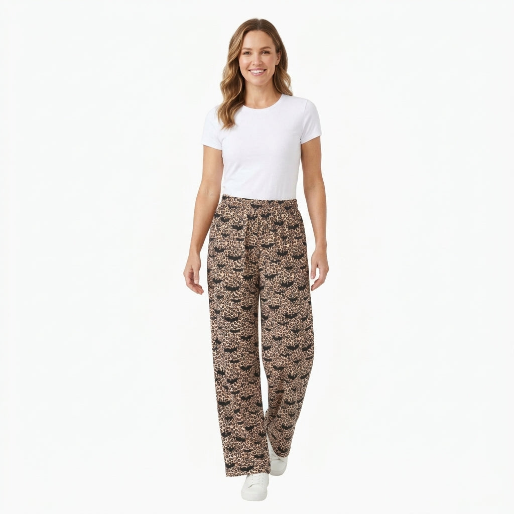 P1129 Halloween Bats Leopard Women Adult's Wide Leg Pants