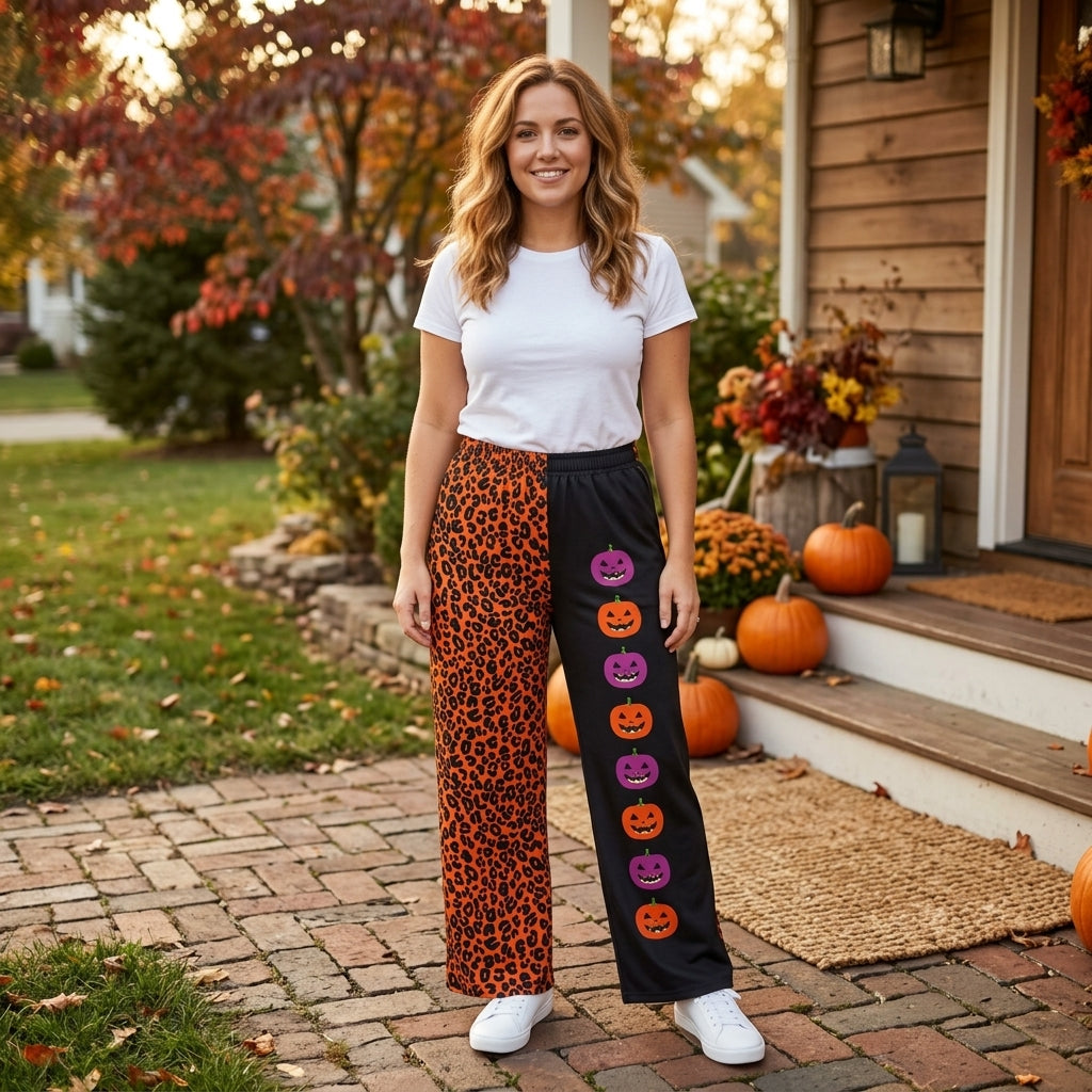 P1132 Halloween Leopard Pumpkin Women Adult's Wide Leg Pants