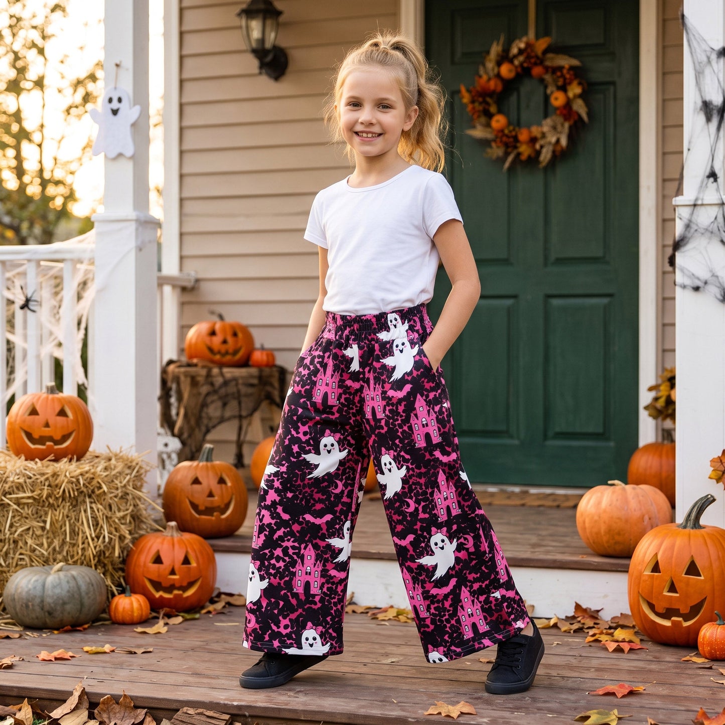 P1134 Halloween Bats Ghost Camo Girls Wide Leg Pants